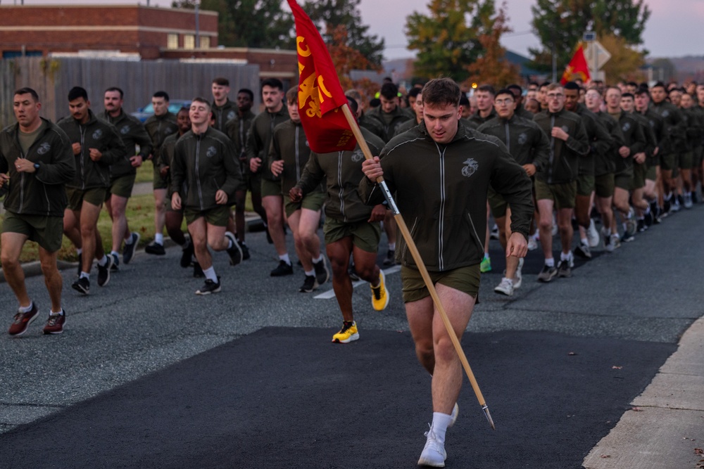 Marines stationed on Marine Corps Base Quantico celebrate the Marine Corps Birthday with a motivational run