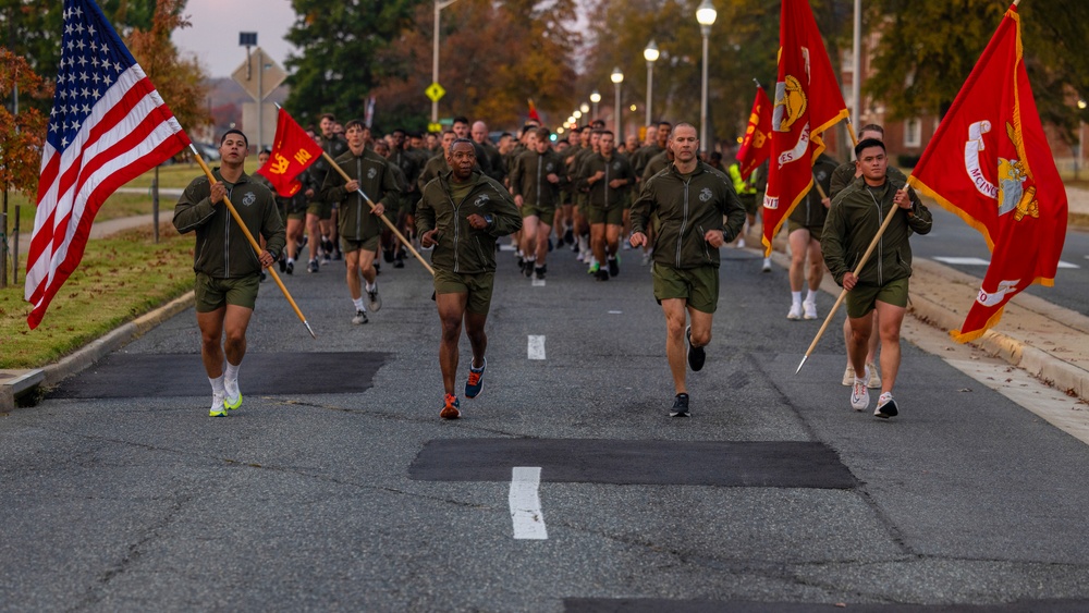 Marines stationed on Marine Corps Base Quantico celebrate the Marine Corps Birthday with a motivational run