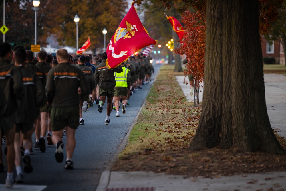 Marines stationed on Marine Corps Base Quantico celebrate the Marine Corps Birthday with a motivational run