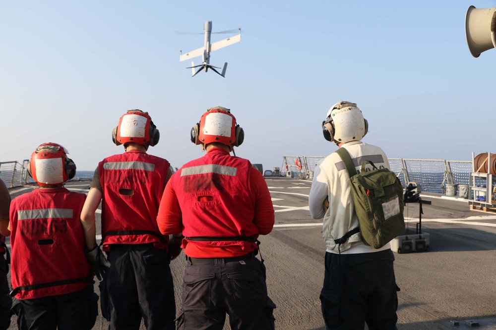 USS Stethem Launches a FlexRotor Unmanned Aerial Vehicle