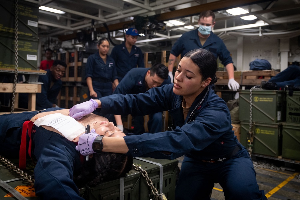 USS Ronald Reagan (CVN 76) Sailors conduct mass casualty drill