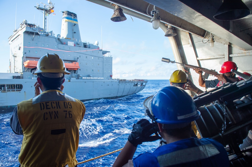 USS Ronald Reagan (CVN 76) conducts fueling-at-sea with USNS Big Horn (T-AO 198)