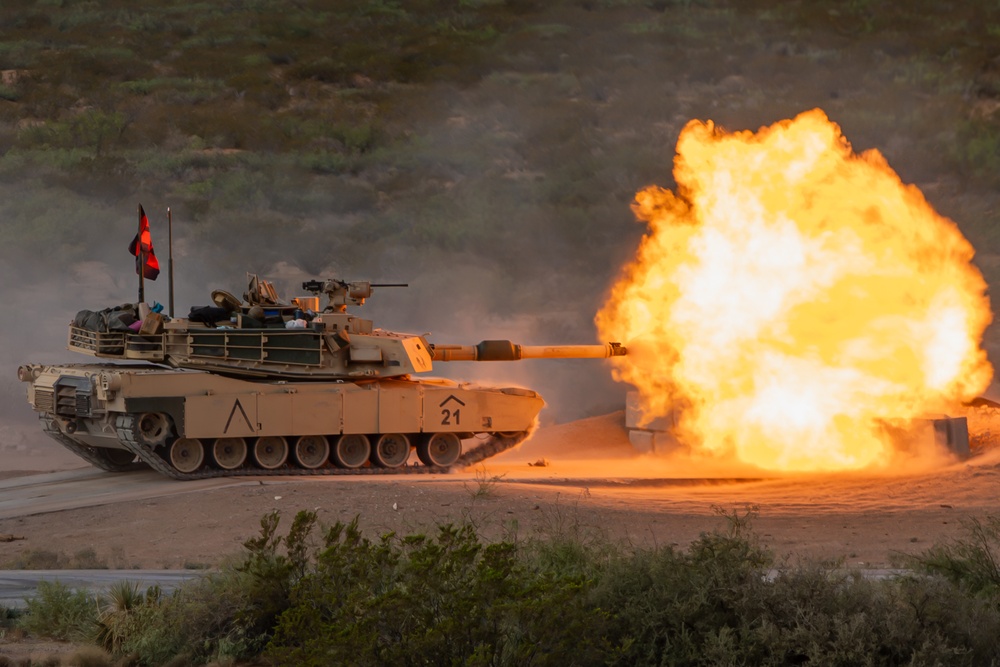 U.S. Army M1 Abrams fires at target