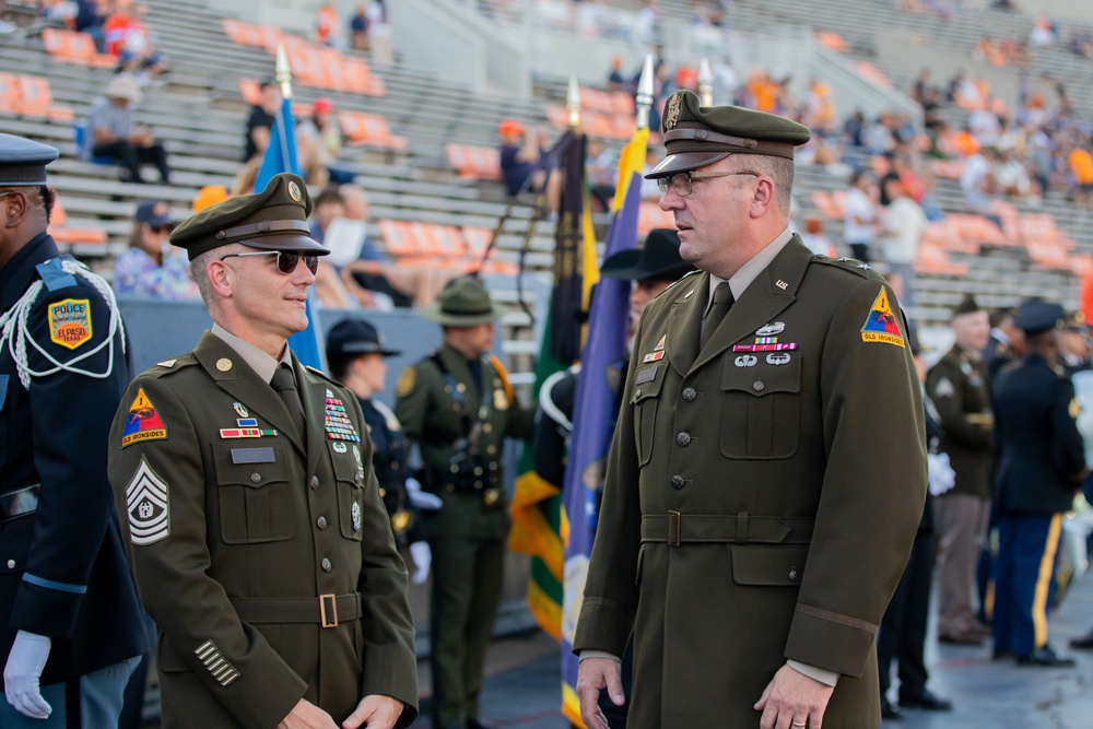 1AD Commanding General and CSM at the UTEP 915 Hero’s Night Game