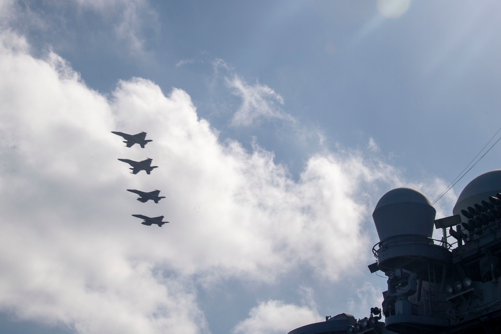 USS Ronald Reagan (CVN 76) conducts flight operations in support of a multi large-deck event with USS Carl Vinson (CVN 70) and Japanese Maritime Self-Defense Force First-in-class helicopter destroyer JS Hyuga (DDH 181)