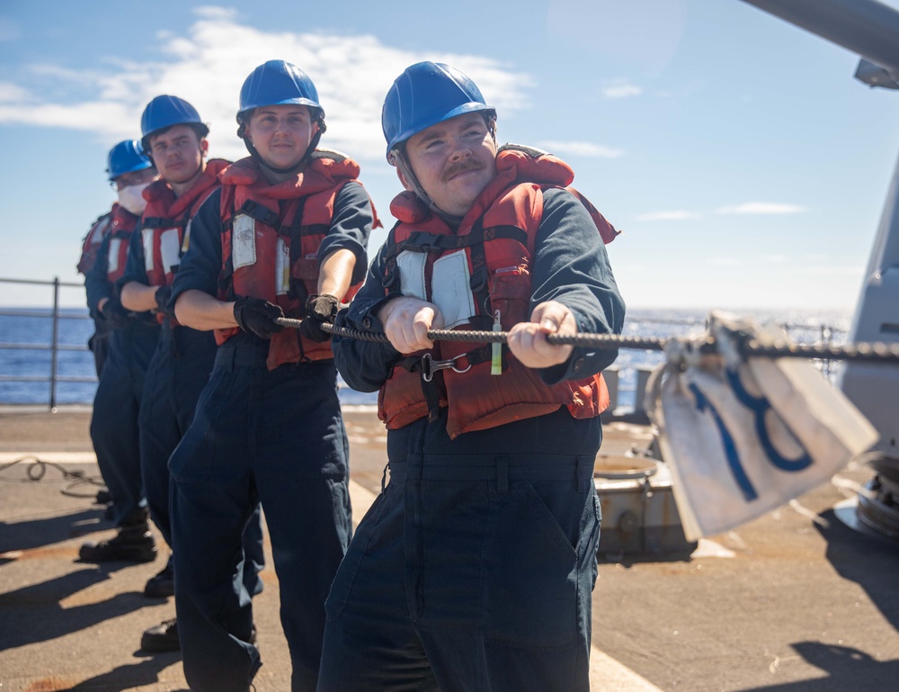 Sailors Handle Phone and Distance Line Aboard USS Antietam (CG 54)