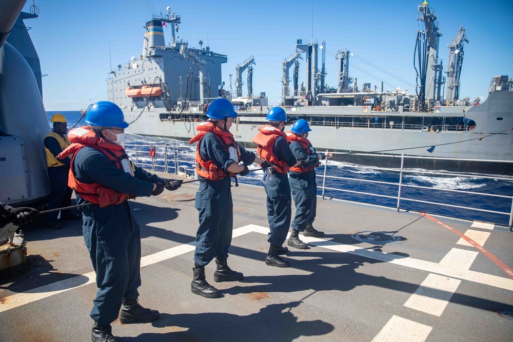 Sailors Handle Phone and Distance Line Aboard USS Antietam (CG 54)