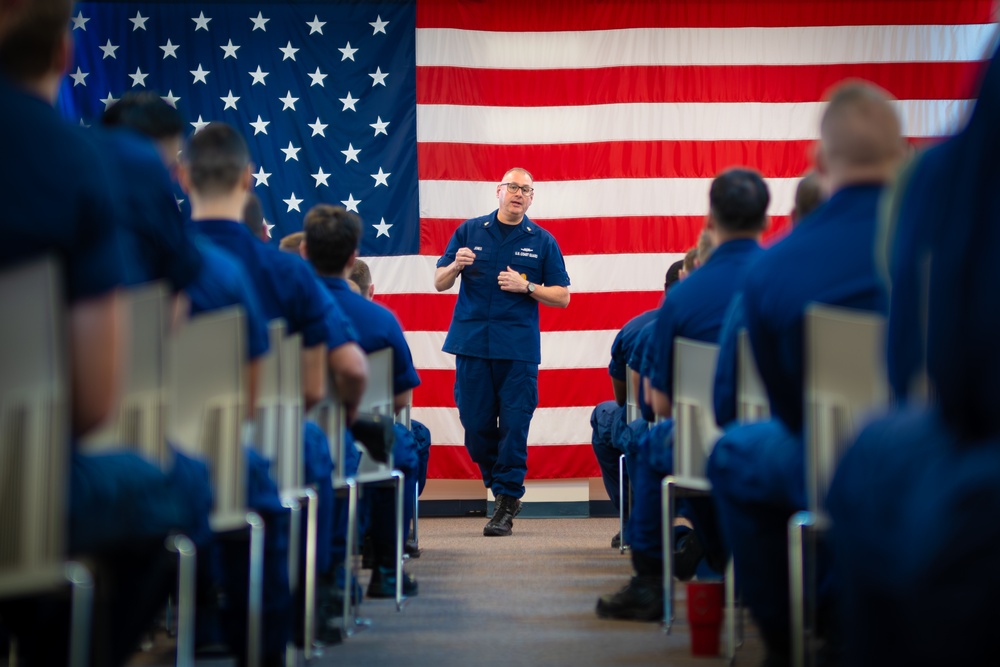 Master Chief Petty Officer of the Coast Guard speaks during all-hands event in Texas