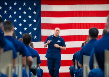Master Chief Petty Officer of the Coast Guard speaks during all-hands event in Texas