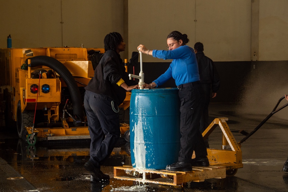 USS Ronald Reagan (CVN 76) conducts hangar bay scrub exercise