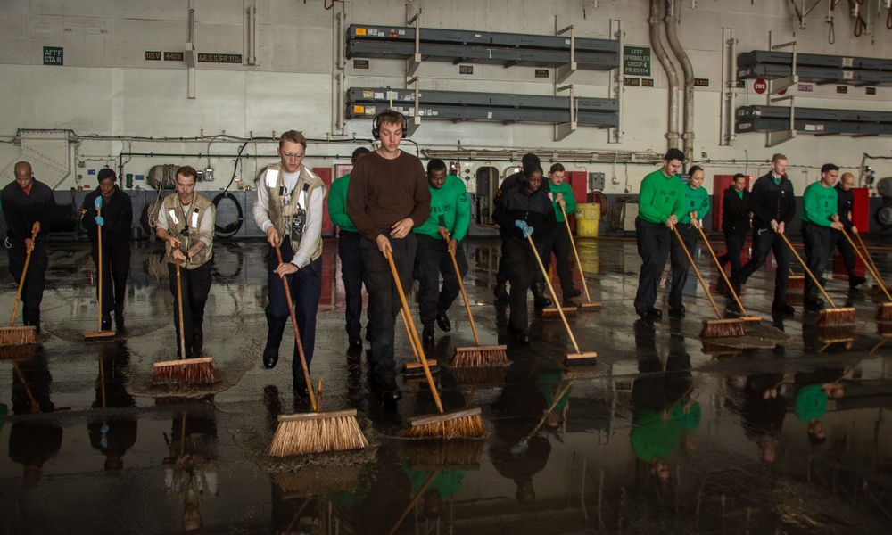 USS Ronald Reagan (CVN 76) conducts hangar bay scrub exercise