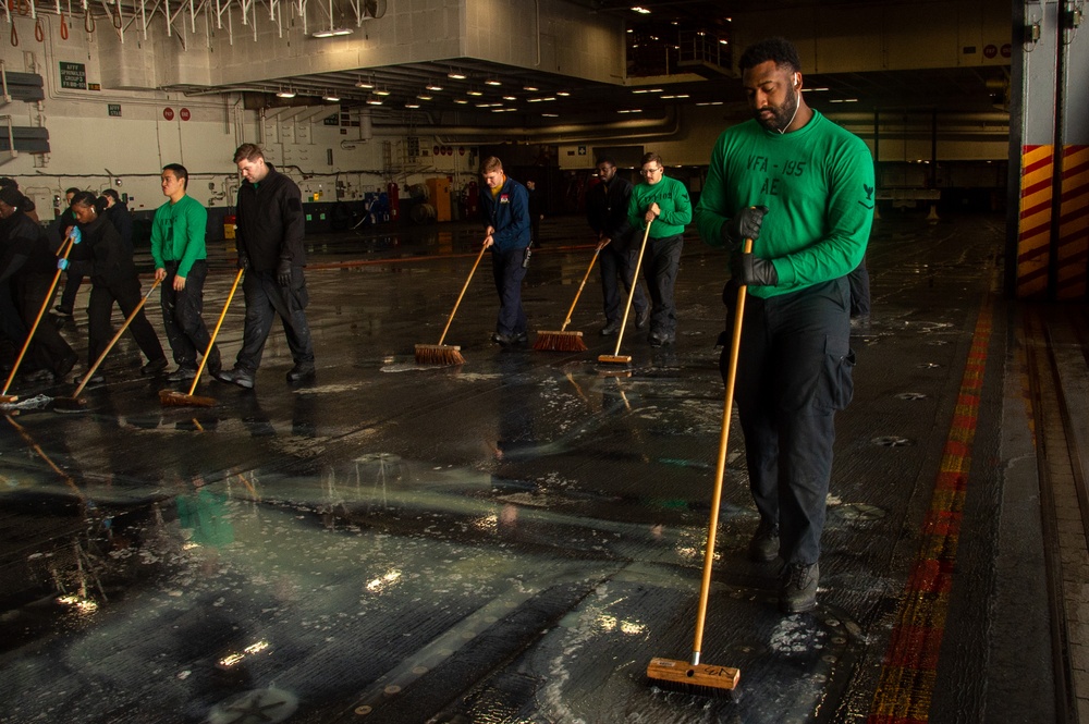 USS Ronald Reagan (CVN 76) conducts hangar bay scrub exercise