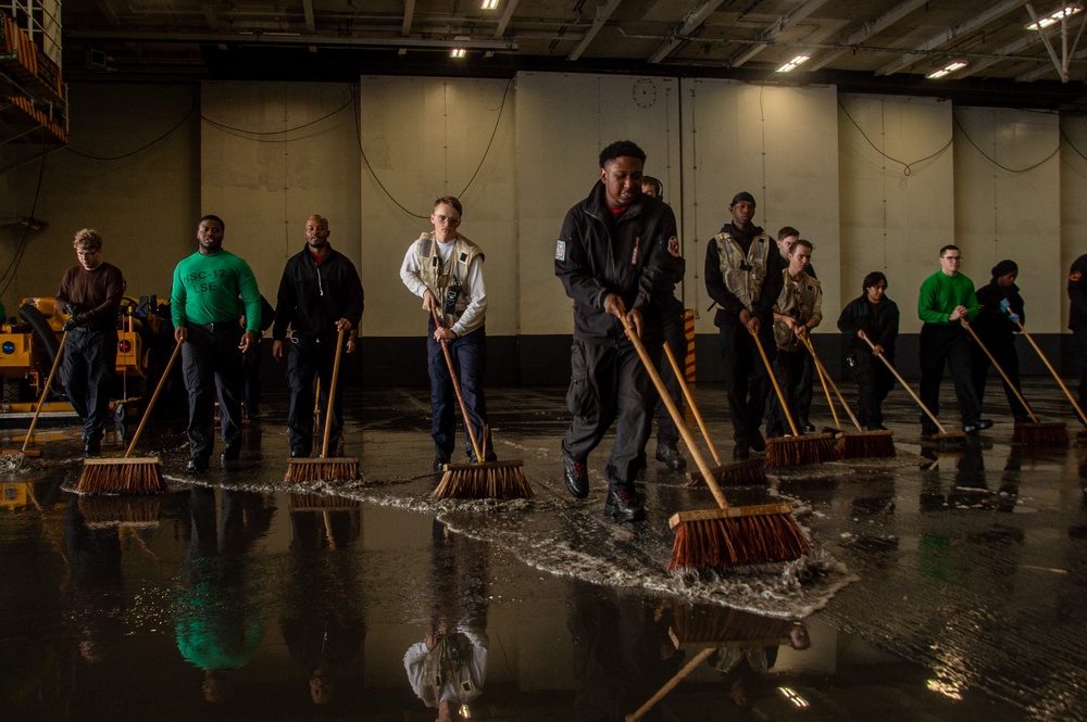 USS Ronald Reagan (CVN 76) conducts hangar bay scrub exercise