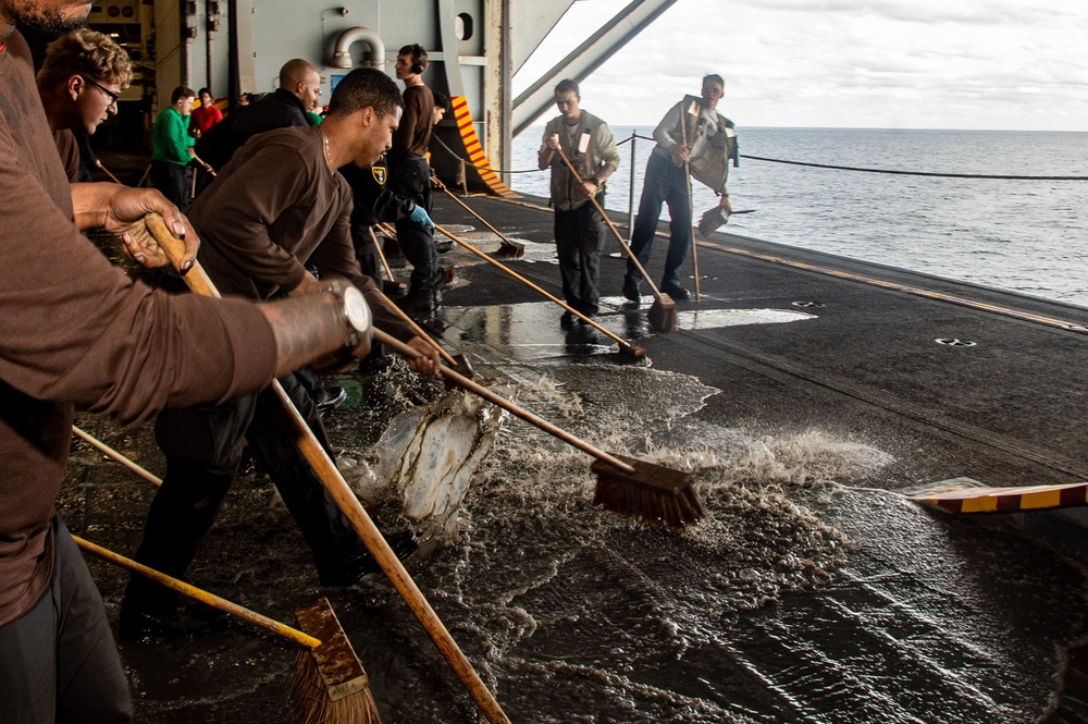 USS Ronald Reagan (CVN 76) conducts hangar bay scrub exercise