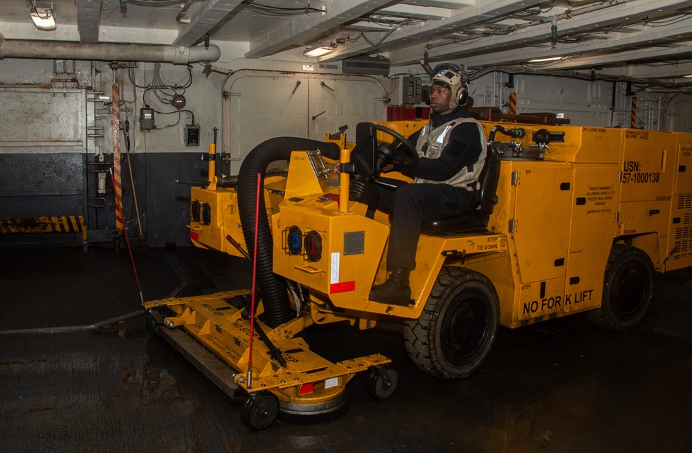 USS Ronald Reagan (CVN 76) conducts hangar bay scrub exercise