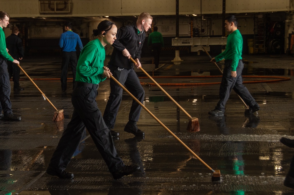 USS Ronald Reagan (CVN 76) conducts hangar bay scrub exercise