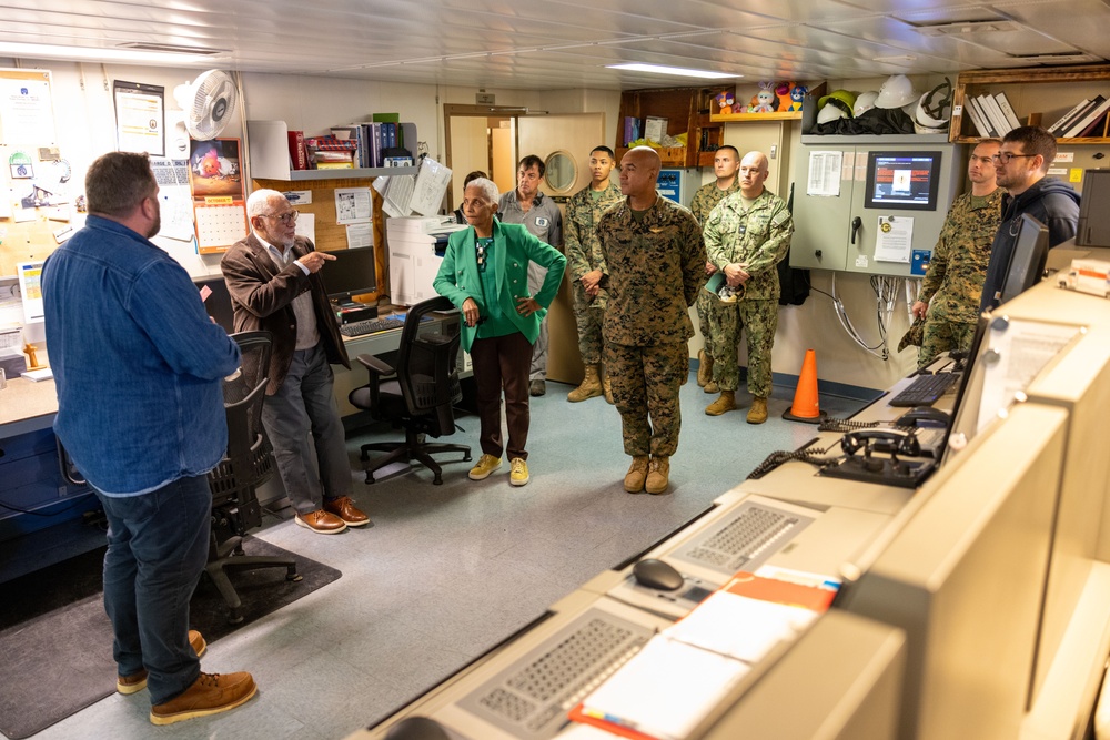 MARFORCOM CG tours USNS Montford Point (T-ESD-1) with Hon. Charles F. Bolden and Ship Sponsor Mrs. Alexis Bolden