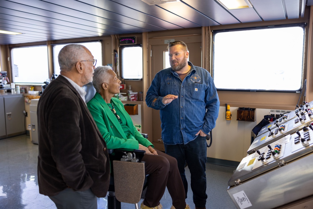 MARFORCOM CG tours USNS Montford Point (T-ESD-1) with Hon. Charles F. Bolden and Ship Sponsor Mrs. Alexis Bolden