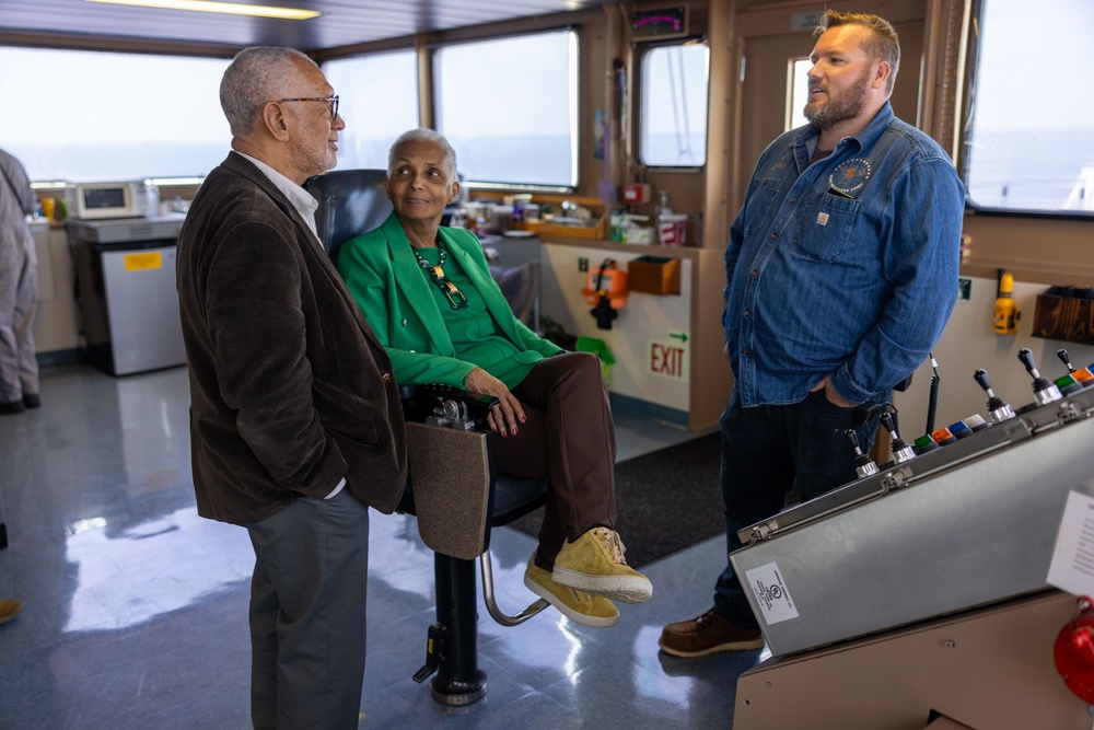 MARFORCOM CG tours USNS Montford Point (T-ESD-1) with Hon. Charles F. Bolden and Ship Sponsor Mrs. Alexis Bolden