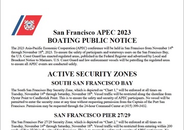 Coast Guard establishes security zones around the San Francisco for Asia Pacific Economic Cooperation conference