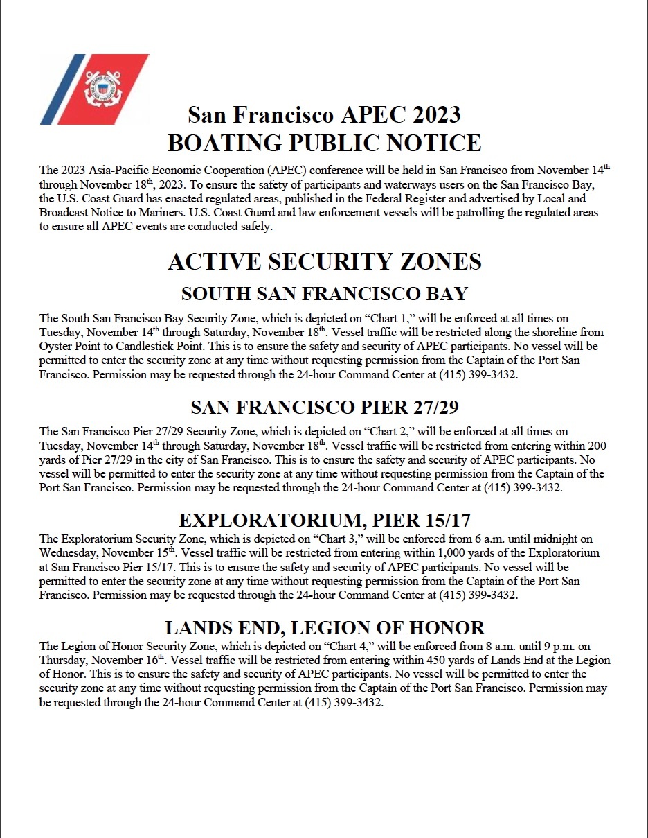 Coast Guard establishes security zones around the San Francisco for Asia Pacific Economic Cooperation conference
