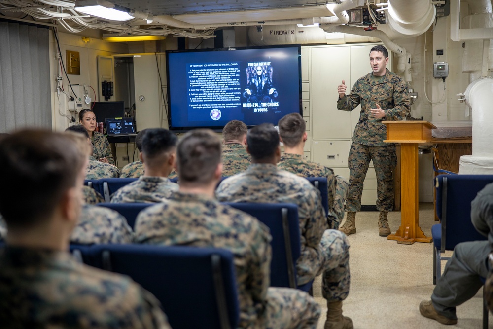 Marines aboard the USS New York learn about career rentention