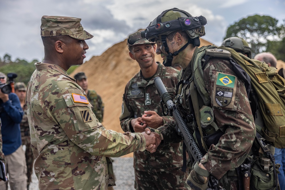 U.S., Brazilian soldiers conduct final movement and assault in front of SV24 Distinguished Visitors