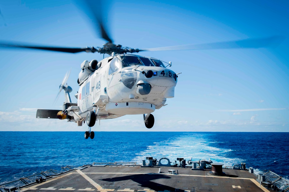 USS Hopper (DDG 70) Sailors Conduct Flight Quarters for Japanese Helicopter in the Pacific Ocean