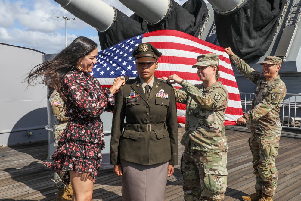 The 8th Military Police Brigade’s Accountable Property Officer, Chief Warrant Officer 2 Johannis Parris promotes to the rank of Chief Warrant Officer 3