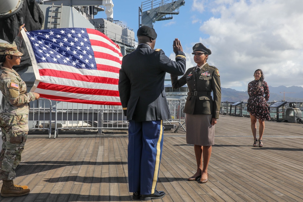 The 8th Military Police Brigade’s Accountable Property Officer, Chief Warrant Officer 2 Johannis Parris promotes to the rank of Chief Warrant Officer 3