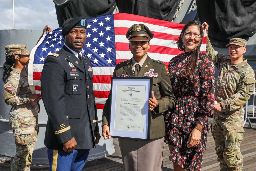 The 8th Military Police Brigade’s Accountable Property Officer, Chief Warrant Officer 2 Johannis Parris promotes to the rank of Chief Warrant Officer 3.