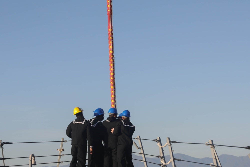 Sailors aboard the USS Rafael Peralta (DDG 115) conduct a Sea and Anchor detail in Donghae, South Korea