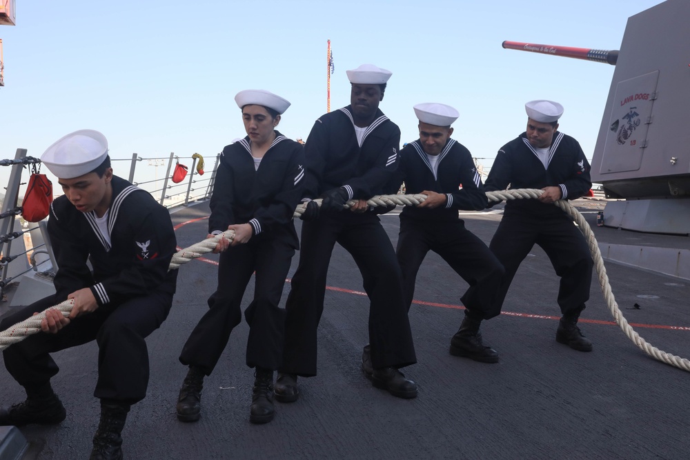 Sailors aboard the USS Rafael Peralta (DDG 115) conduct a Sea and Anchor detail in Donghae, South Korea