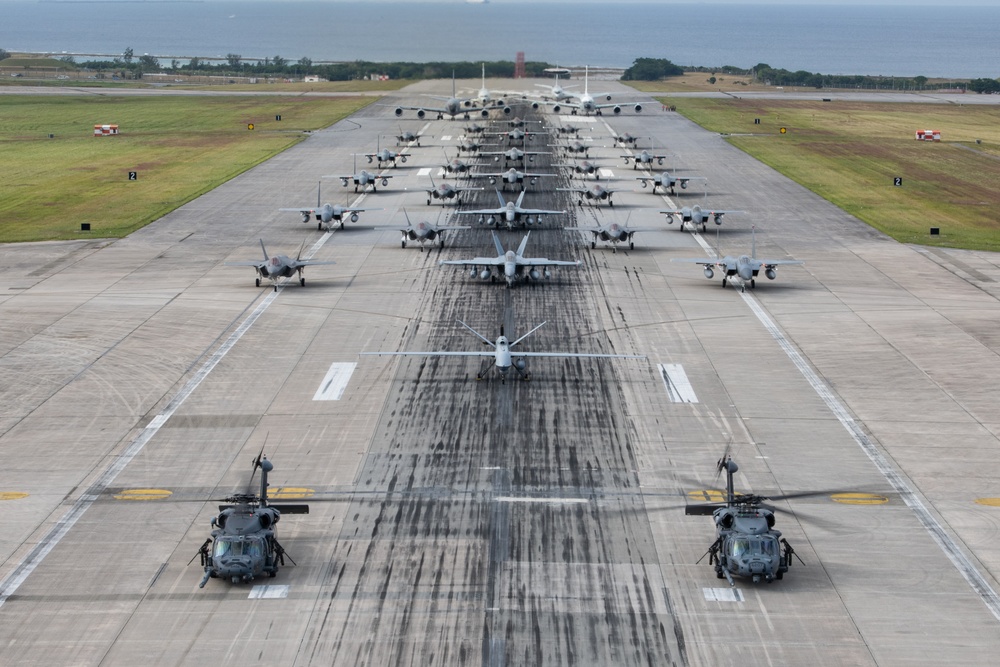 United in Strength: aircraft line the runway at Kadena Air Base