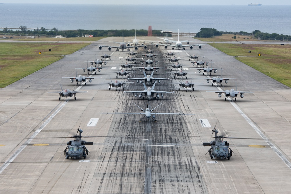 United in Strength: aircraft line the runway at Kadena Air Base