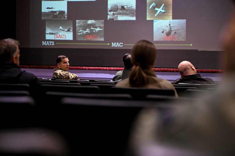 Retired Col. Harry Foster briefs Team McChord Airmen on AMC past, present, and future