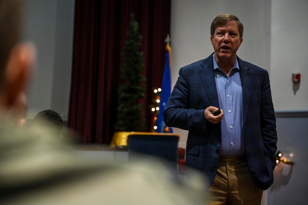 Retired Col. Harry Foster briefs Team McChord Airmen on AMC past, present, and future