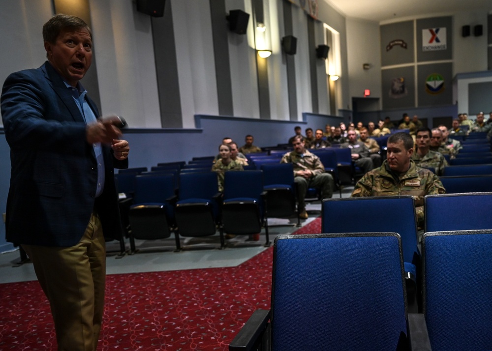 Retired Col. Harry Foster briefs Team McChord Airmen on AMC past, present, and future