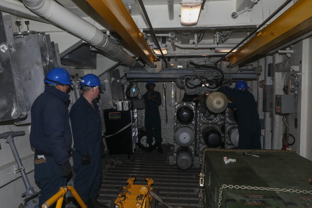 Sailors aboard the USS Rafael Peralta (DDG 115) conduct a torpedo handling event