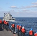 Sailors aboard the USS Rafael Peralta (DDG 115) prepare to conduct a replenishment-at-sea with the Republic of Korea’s combat support ship Dae Cheong (AOE 58)