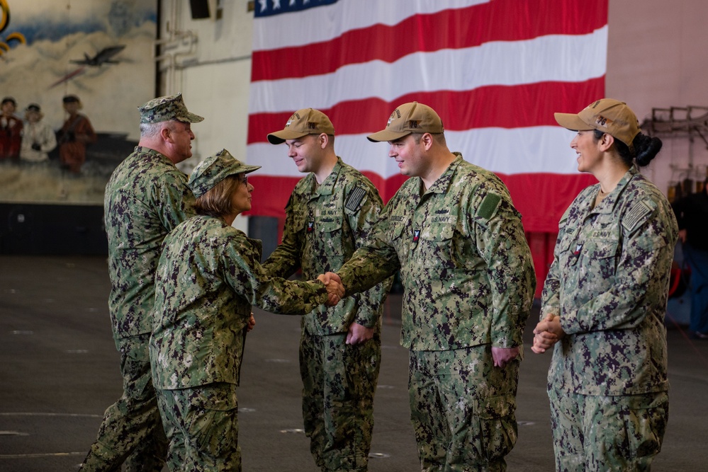 USS Ronald Reagan (CVN 76) hosts Chief of Naval Operations Adm. Lisa Franchetti and Master Chief Petty Officer of the Navy, James Honea, for Thanksgiving