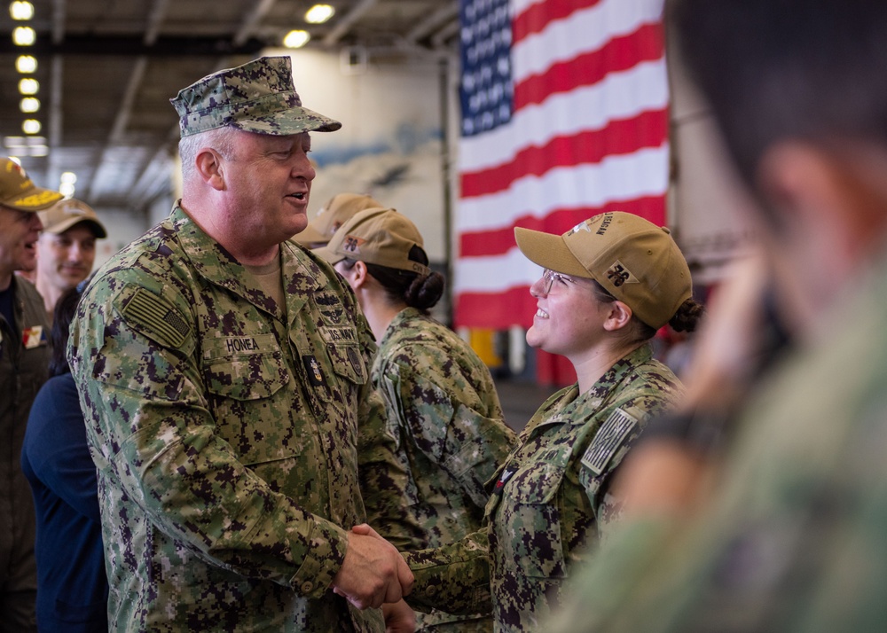 USS Ronald Reagan (CVN 76) hosts Chief of Naval Operations Adm. Lisa Franchetti and Master Chief Petty Officer of the Navy, James Honea, for Thanksgiving