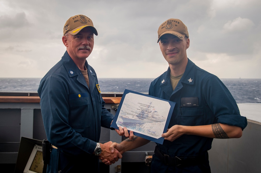 USS Hopper (DDG 70) Sailor Receives Sailor of the Week Award