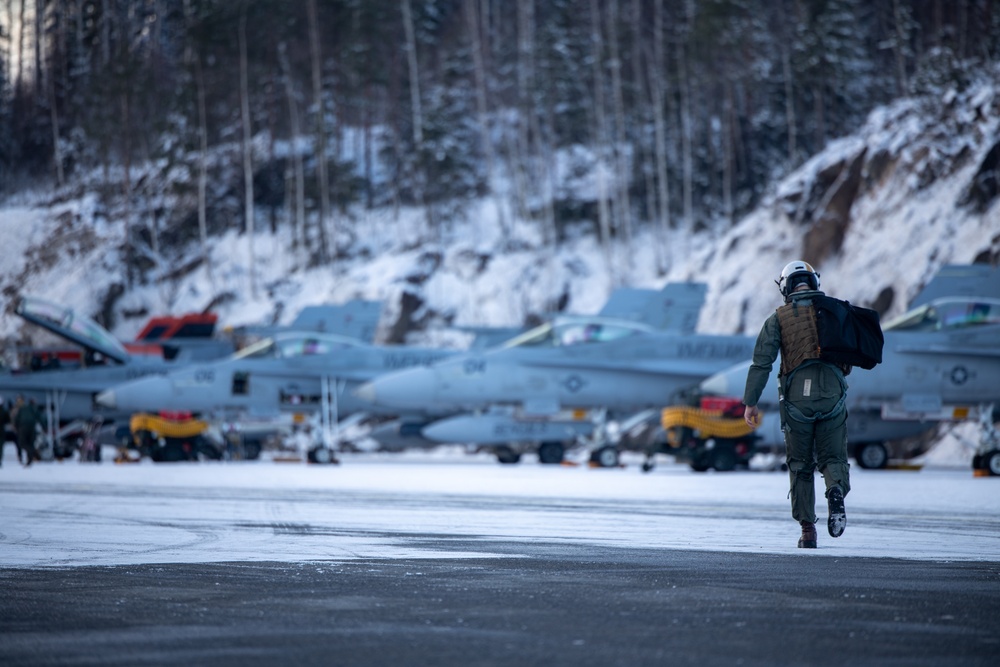 Freezing Winds 23: Marines with Marine All Weather Fighter Attack Squadron 224 prepare F/A-18s for take off