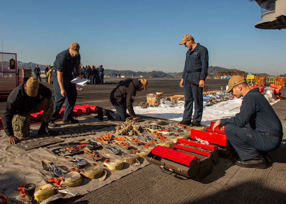 USS Ronald Reagan (CVN 76) Sailors prepare for crash gear inspection