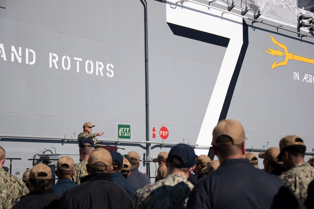 Commanding Officer of the USS Tripoli Addresses the Ships Crew