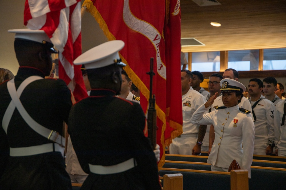 U.S. Marine Corps Color Guard Participates in U.S. Navy Change of Command Ceremony