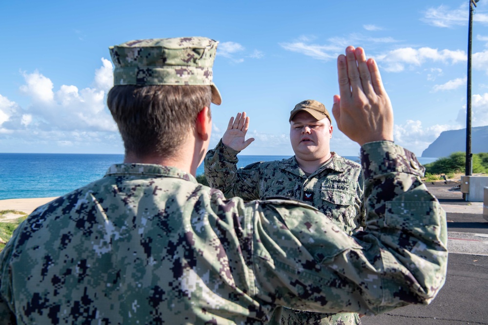 Pacific Missile Range Facility Hosts a Reenlistment Ceremony for OS2 Stephen Pine.