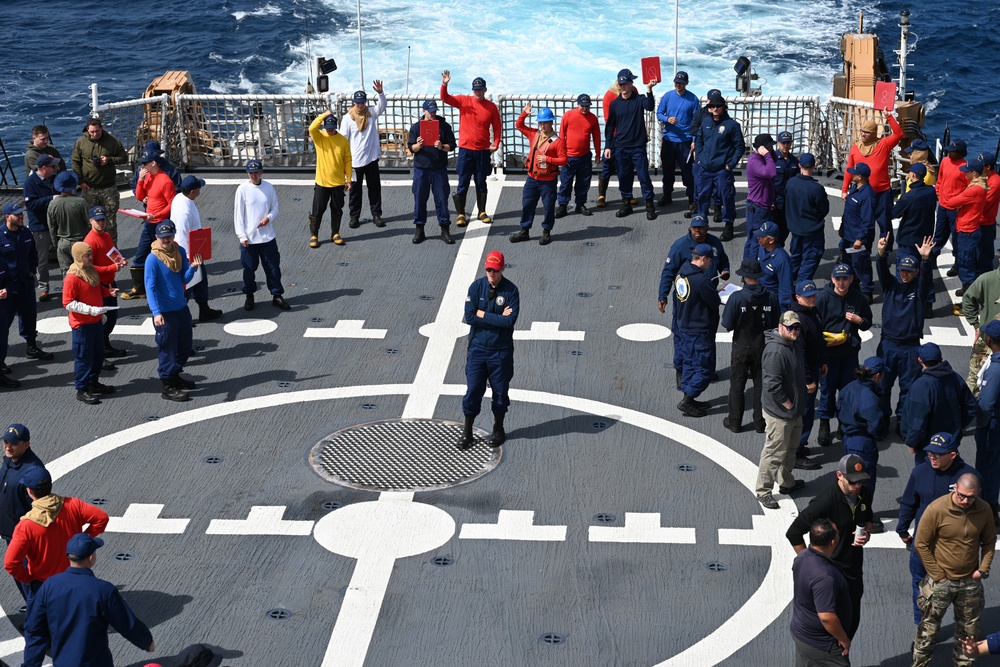 U.S. Coast Guard Cutter Waesche conducts training drills while on patrol