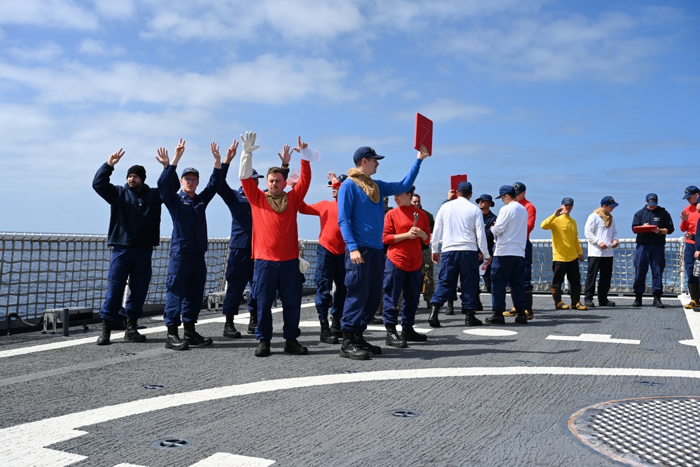 U.S. Coast Guard Cutter Waesche conducts training drills while on patrol